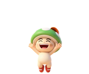 Biscuit, a green mushroom sprite in a cap, cheering.