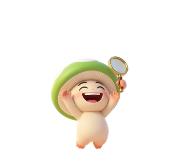 Blip, a lime-green mushroom sprite with a magnifying glass, cheering.