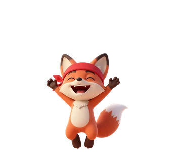 Bolt, a red fox in a bandana, jumping for joy.