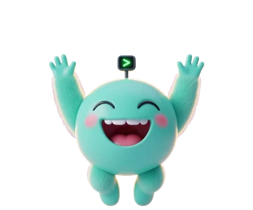 Dash, a round teal bot with a little screen on top, cheering.