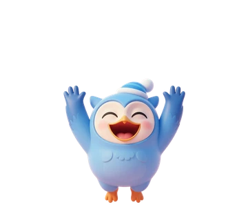 Momo, a blue owl in a nightcap, cheering.