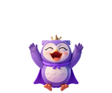 Opal, a purple owl with a crown and a cape, cheering.