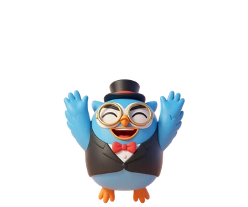 Sterling, a pale blue owl in a tuxedo, cheering.
