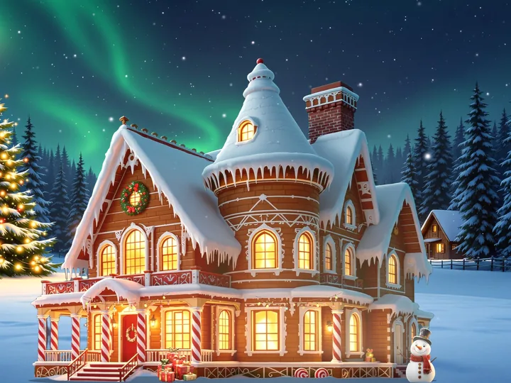 The Gingerbread House on Christmas Eve: glowing windows, candy-cane porch posts, presents and a snowman under green northern lights.