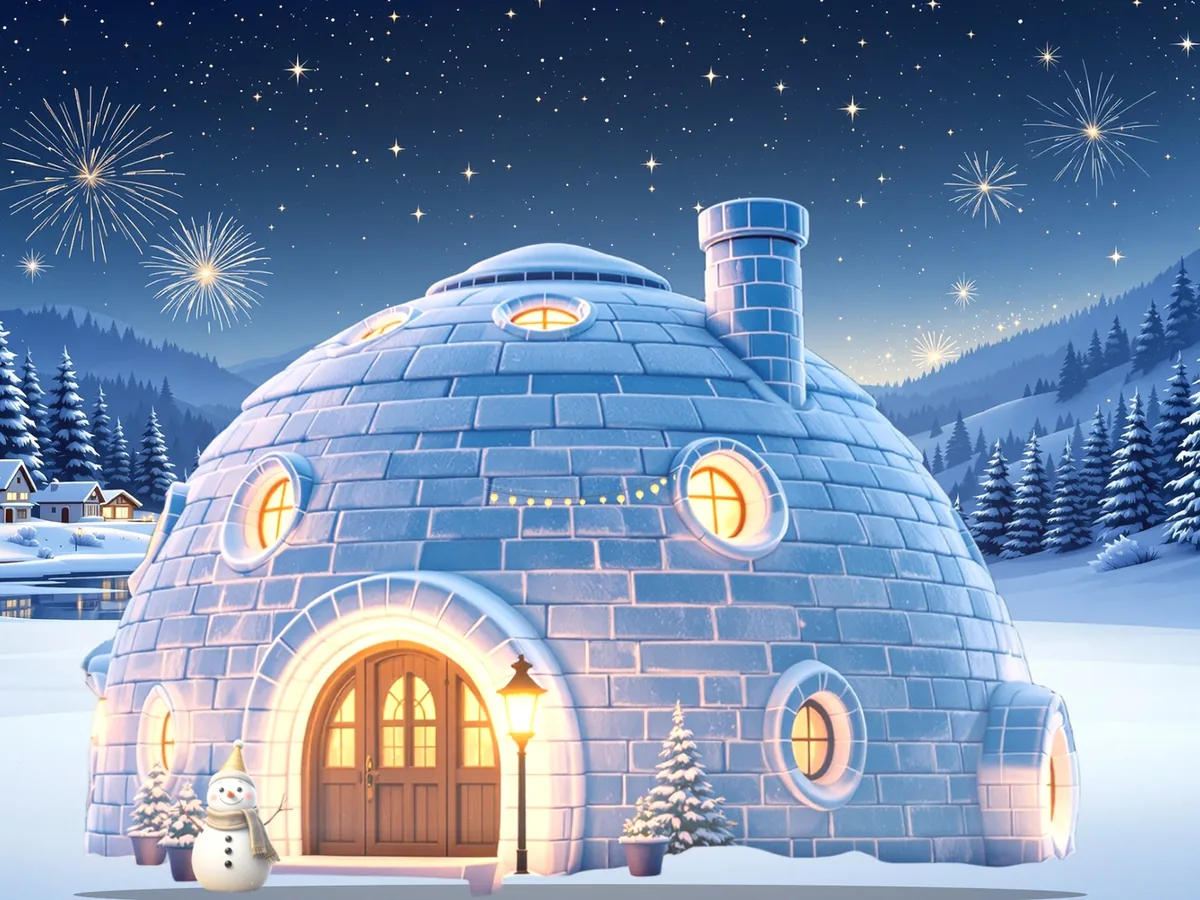 A glowing ice-block igloo cafe at night, with fireworks over snowy pine hills, a snowman by the door and a lamp post.
