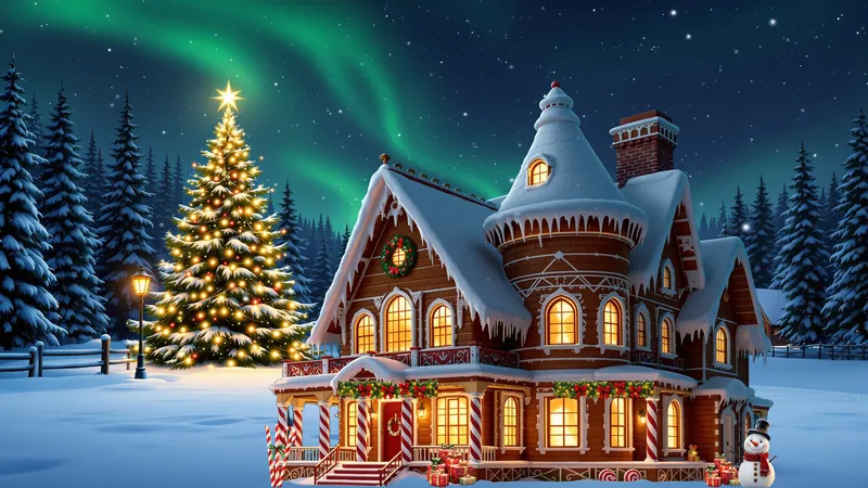 A gingerbread house with icing on the roof, beside a lit Christmas tree under the northern lights.