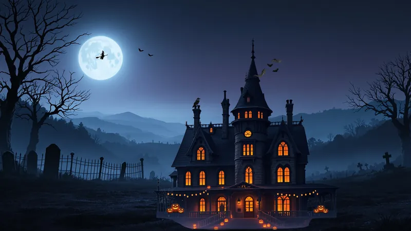 A tall haunted manor with glowing windows under a full moon, beside an old graveyard.